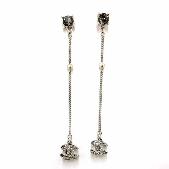 Chanel Rhinestone Earrings 9cm x 2 Metal Rhinestones Coco Mark Silver - Picture 1 of 10